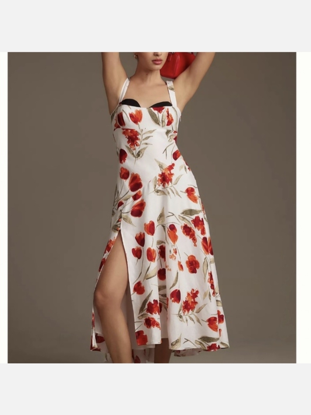 Reformation: Bekki Linen Dress; White Linen Maxi Dress with Red Floral Tulips